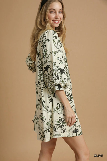Umgee Boho Printed Balloon Sleeve Mini Dress