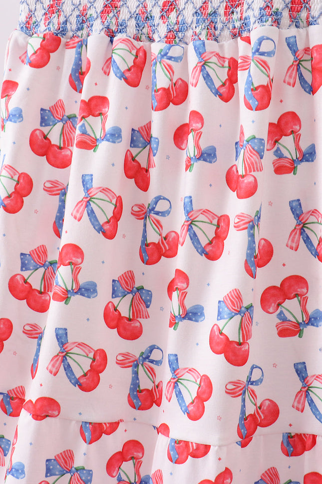 Blue cherry smocked tiered mom&me dress