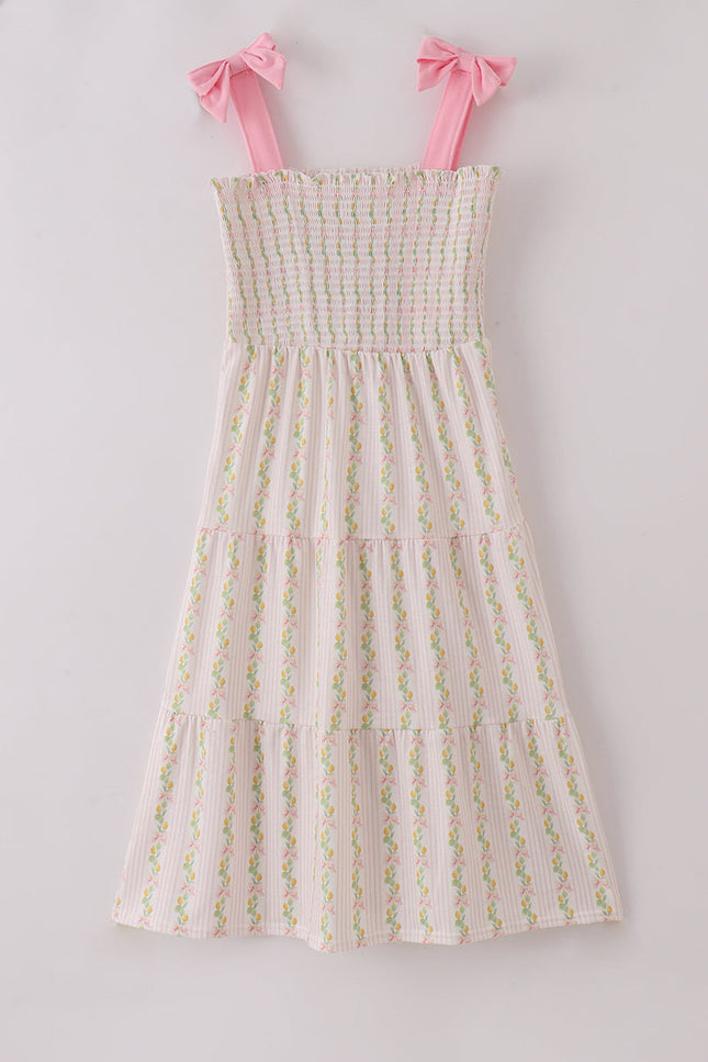 Pink lemon print bow smocked tiered mom&me dress