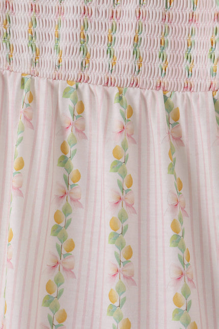 Pink lemon print bow smocked tiered mom&me dress
