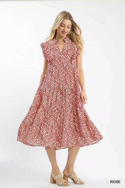Umgee Leaf Print Tiered Midi Dress with Ruffle Detail