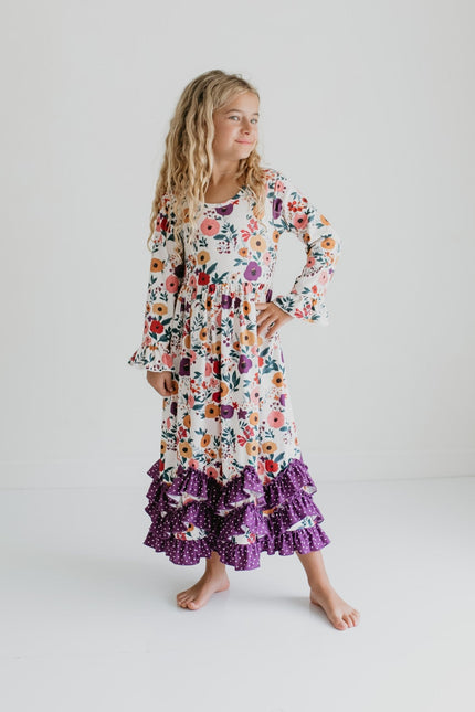3 Ruffle Deep Purple Floral Dress