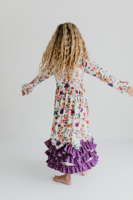 3 Ruffle Deep Purple Floral Dress
