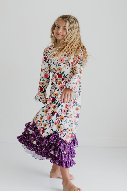 3 Ruffle Deep Purple Floral Dress