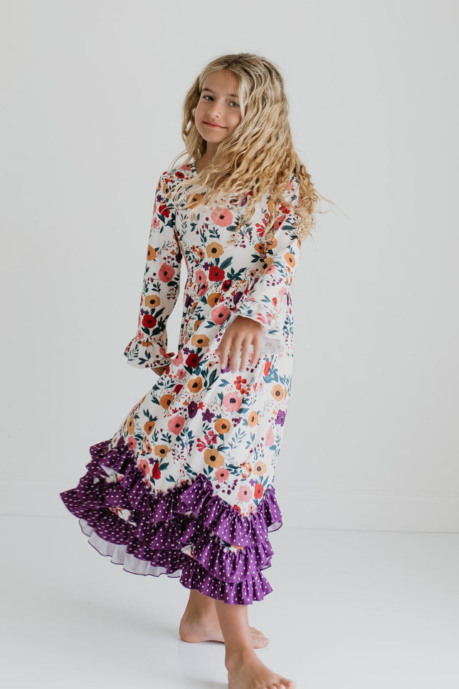 3 Ruffle Deep Purple Floral Dress
