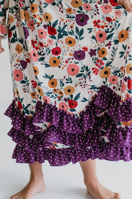 3 Ruffle Deep Purple Floral Dress