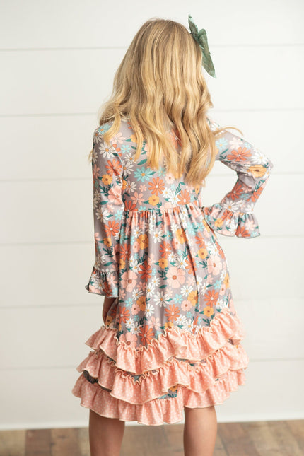Peach Floral 3 Ruffle Dress