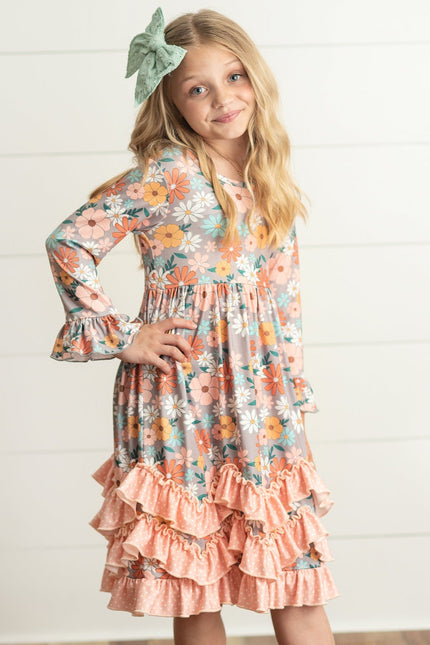 Peach Floral 3 Ruffle Dress