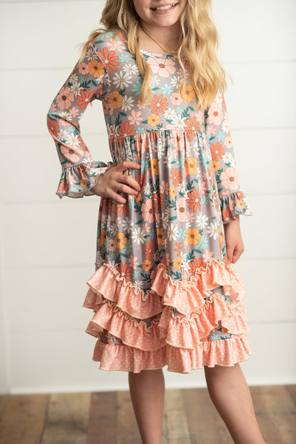 Peach Floral 3 Ruffle Dress