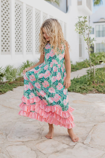 3 Tiered Green Tropical Ruffles Dress