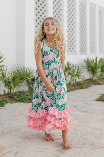 3 Tiered Green Tropical Ruffles Dress