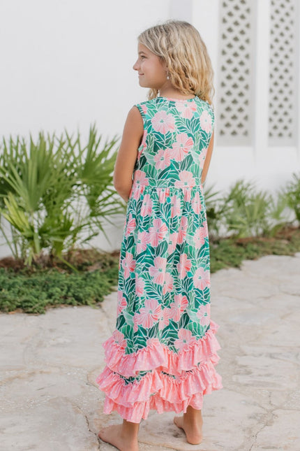 3 Tiered Green Tropical Ruffles Dress