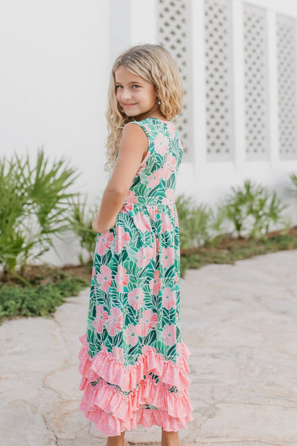 3 Tiered Green Tropical Ruffles Dress
