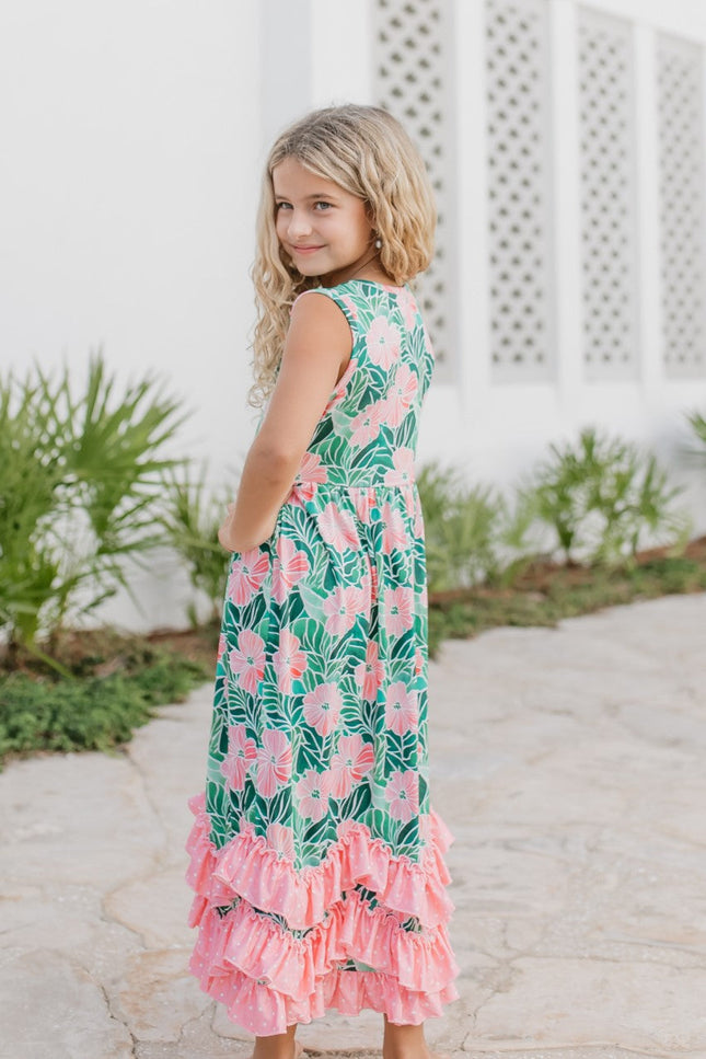 3 Tiered Green Tropical Ruffles Dress