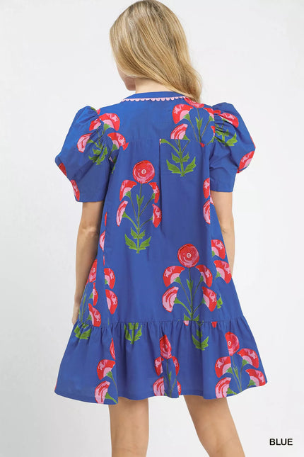 Umgee Floral Print Puff Sleeve Mini Dress with Scallop Trim