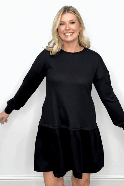 Waffle Knit Long-Sleeve Dress, Black