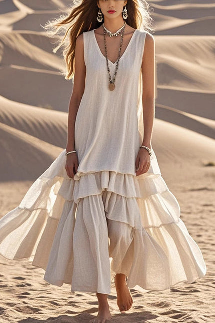 Loose Umbrella Skirt Sleeveless Maxi Dress | Cotton-Linen Style