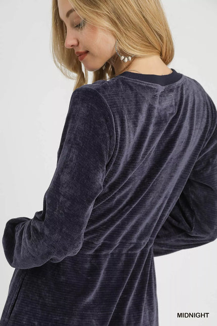 Umgee Velour Drawstring Mini Dress with Long Sleeves