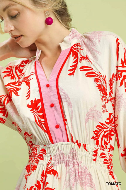 Umgee Tropical Print Button Detail Midi Dress