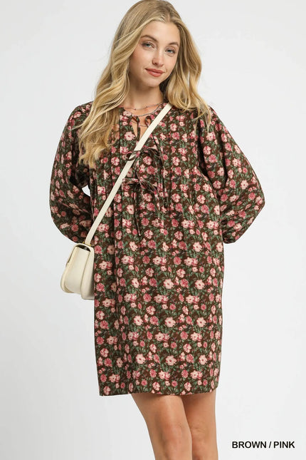 Umgee Floral Tie-Neck Babydoll Dress