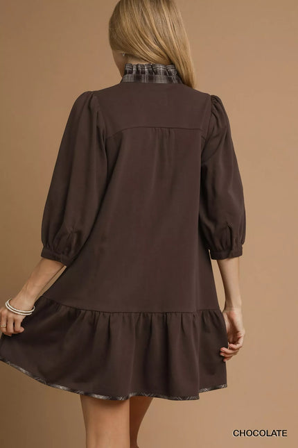 Umgee French Terry Ruffle Hem Dress with Plaid Trim