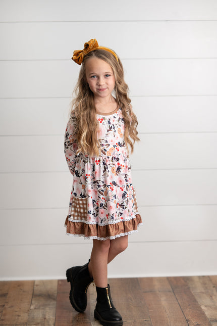 Brown Check Pocket Floral Dress