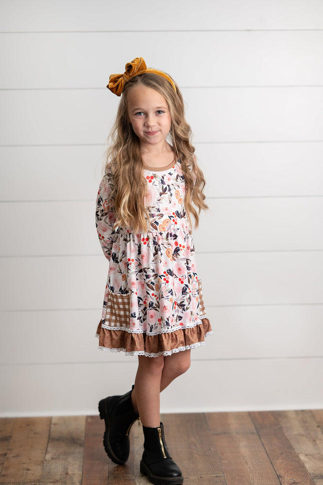 Brown Check Pocket Floral Dress