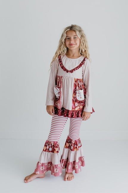 Beige Floral Bell Bottom Pant Set