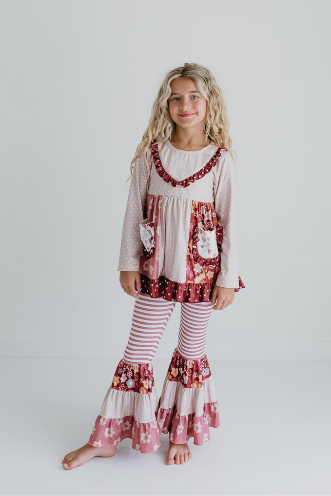 Beige Floral Bell Bottom Pant Set