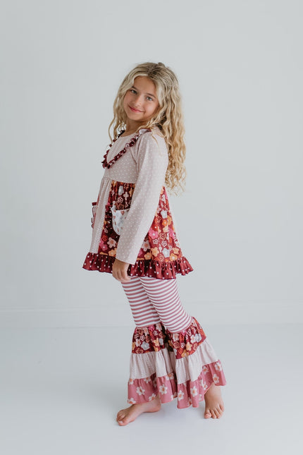 Beige Floral Bell Bottom Pant Set