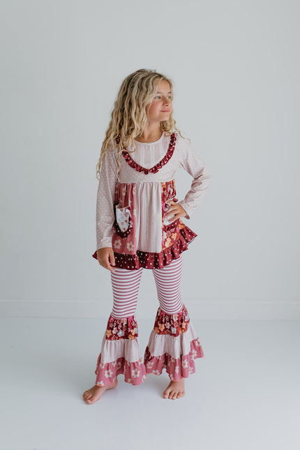 Beige Floral Bell Bottom Pant Set