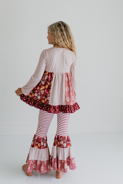 Beige Floral Bell Bottom Pant Set