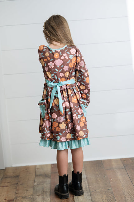 Brown Floral Pocket Tie Dress