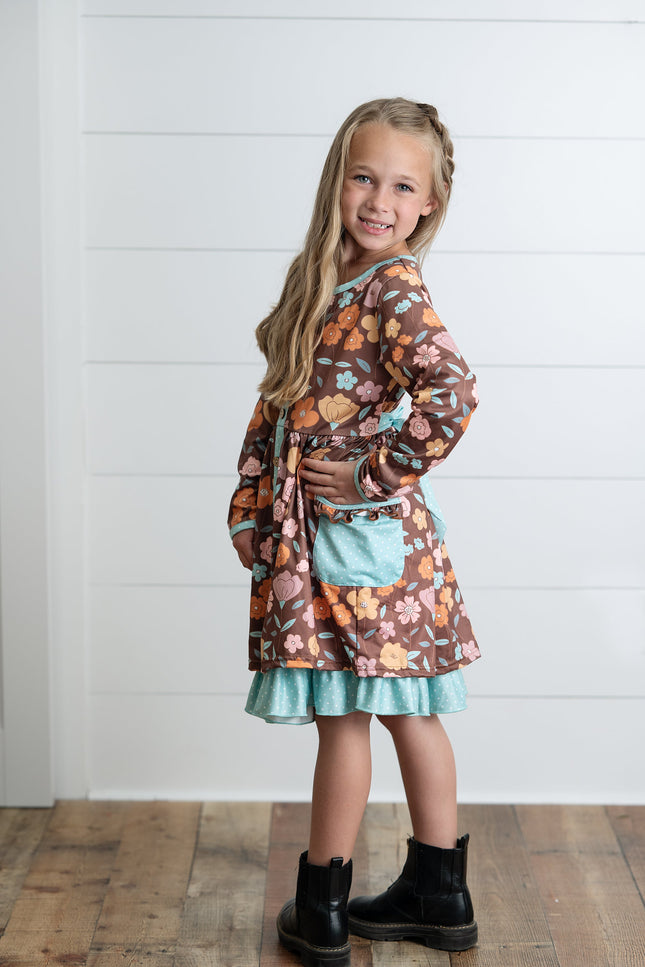 Brown Floral Pocket Tie Dress