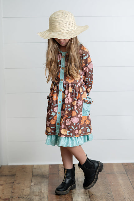 Brown Floral Pocket Tie Dress