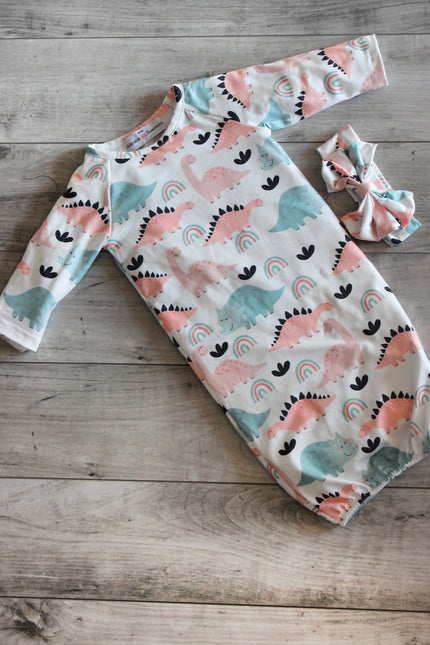 Pastel Dino Baby Gown
