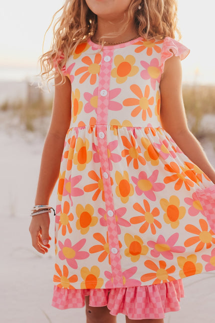 Pink Check Floral Pocket Dress