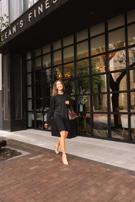 Waffle Knit Long-Sleeve Dress, Black