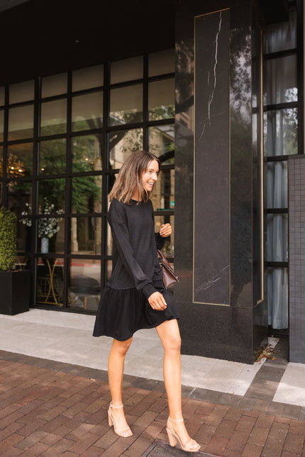 Waffle Knit Long-Sleeve Dress, Black