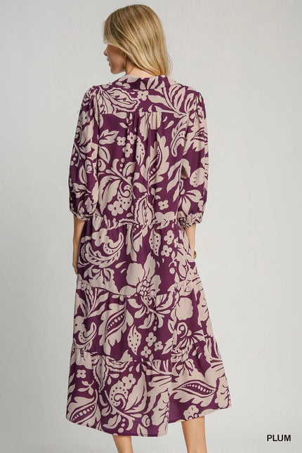 Umgee Floral Print Tiered Midi Dress