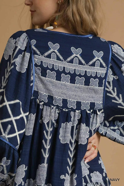 Umgee Tribal Print Dress with Tie Neck