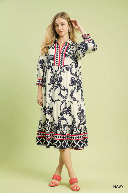 Umgee Boho Print Tiered Midi Dress