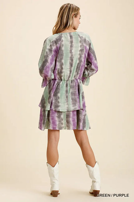 Umgee Tie Dye Ruffled Layered Dress with Elastic Waistband