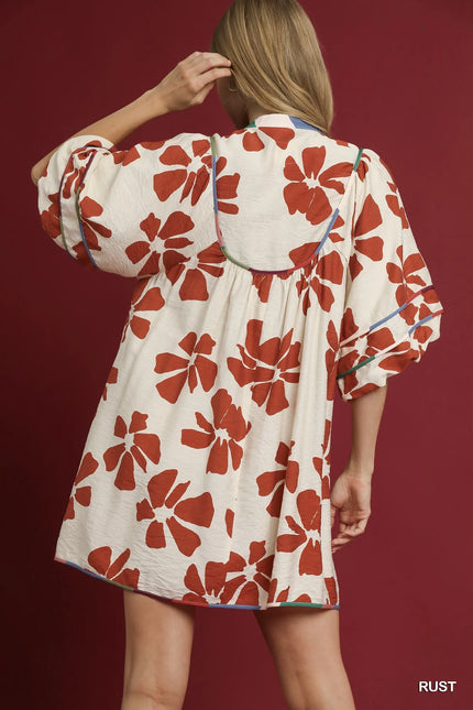 Umgee Two Tone Floral Tie-Neck Babydoll Dress