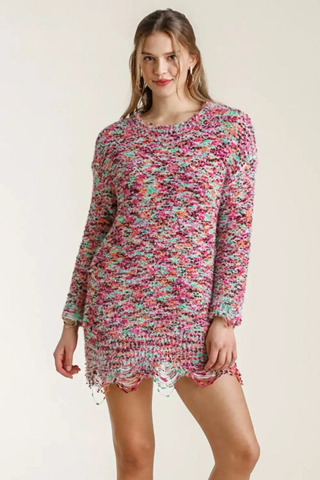 Umgee Full Size Distressed Hem Multicolored Round Neck Knit Tunic Dress